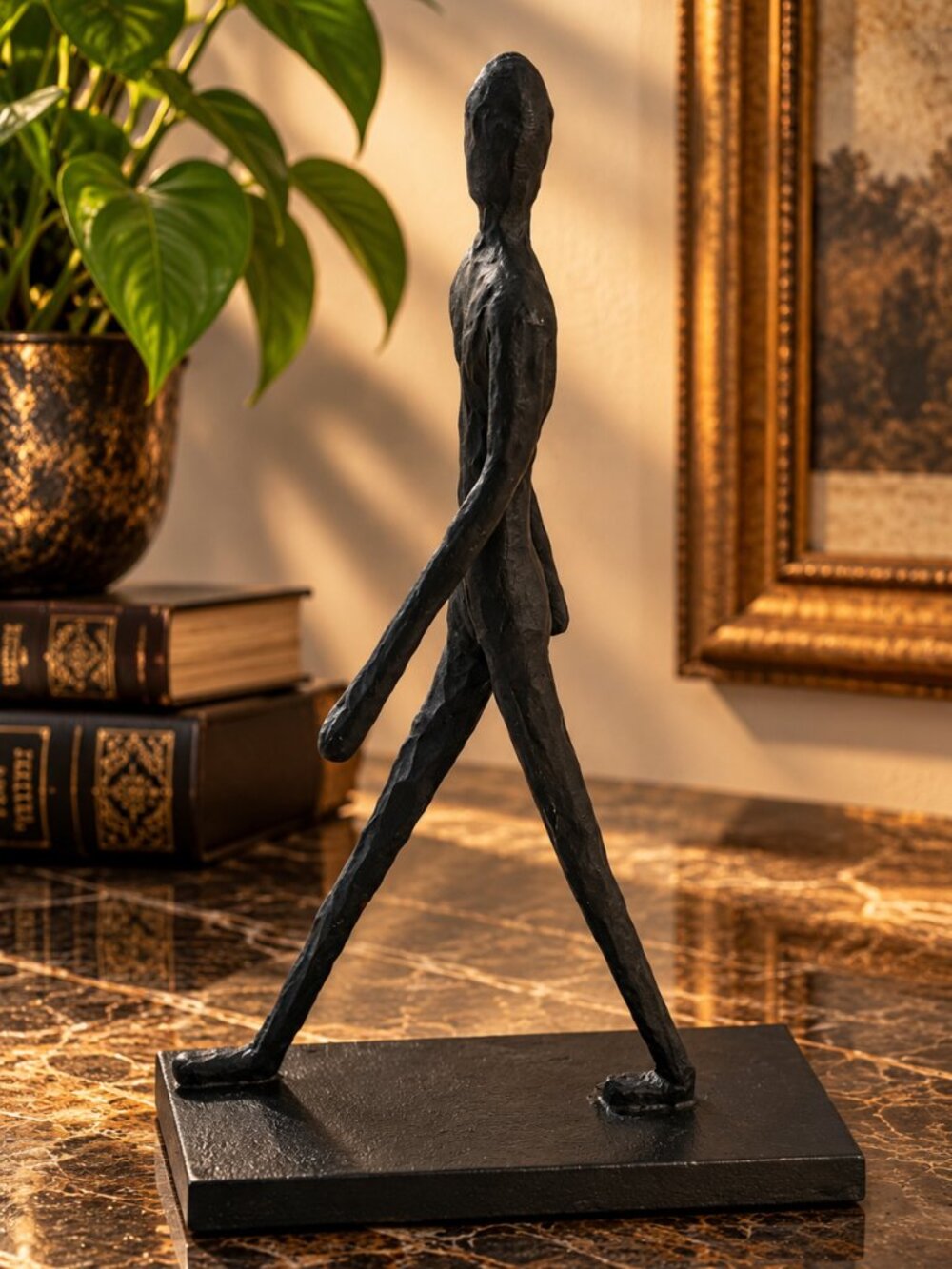Abstract Walking Man Sculpture Black Modern Figurine 16.5" Made in India